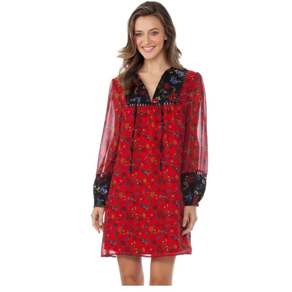 Kenzie Romantic Rose Red Black Floral Tunic Long Sleeve Dress XL